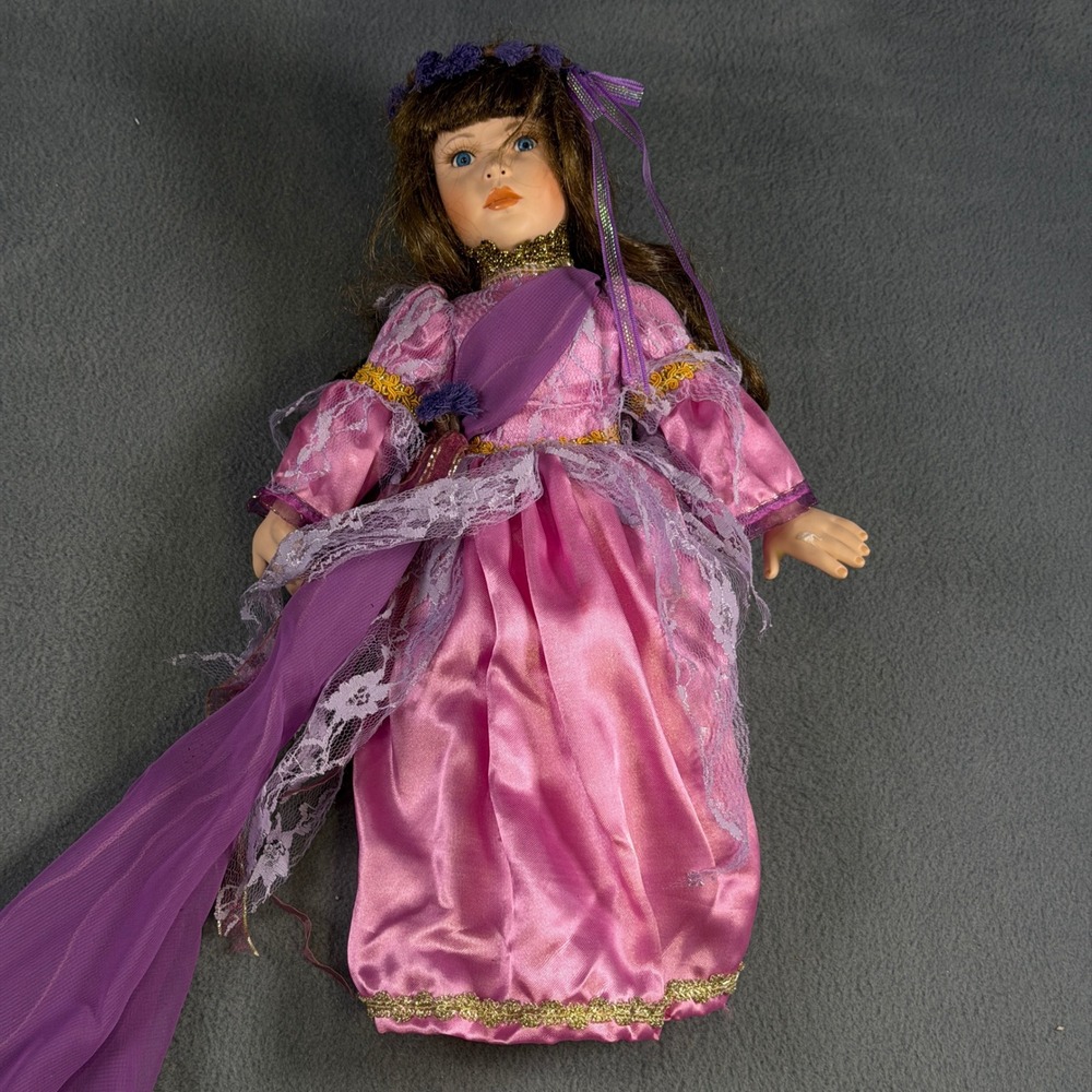 Paradise Galleries Angel of Joy 14 Inch Porcelain Doll Pink Purple Lace Gown